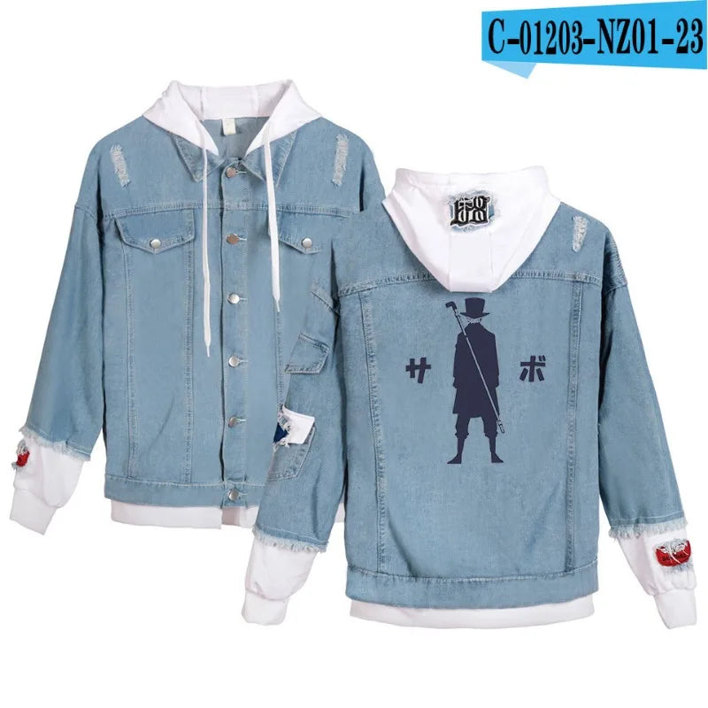 ONE PIECE Anime Chooper Denim Bomber Jacket Hooded Sweatshirt Unisex Ripped Hole Cosplay Hoodie Long-Sleeved Denim Jacket Gift
