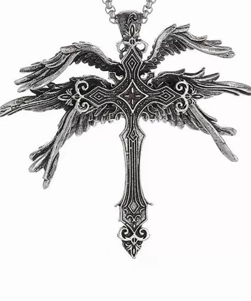 Retro Gothic Jesus Wings Cross Pendant Necklace Jewelry for Men Women Large Vintage Dark Punk Religious Amulet Necklaces Gifts