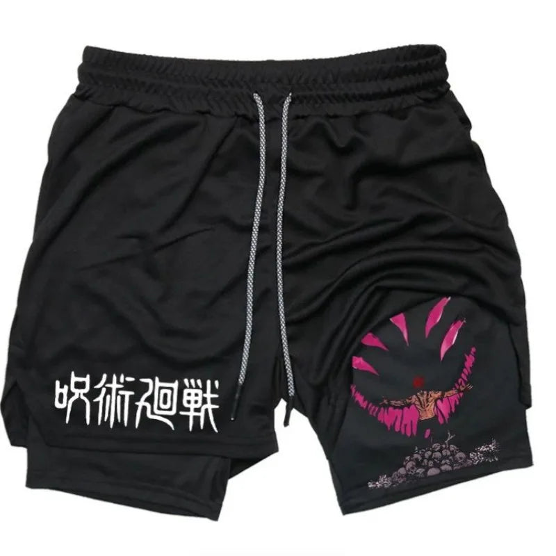 Anime Jujutsu Kaisen Performance Yuji Print Sport Running 2 in 1 Gym Shorts Training Men's Summer Workout Sportwear Y2K Shorts