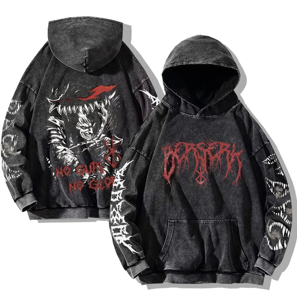 Gothic Vintage-Washed Hoodie — Teeth Print Oversized Pullover