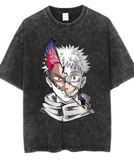 Summer Washed T Shirt Anime Graphic Print Streetwear Vintage Oversized T-Shirt Men Fashion Cotton Top Tee Black Tshirt