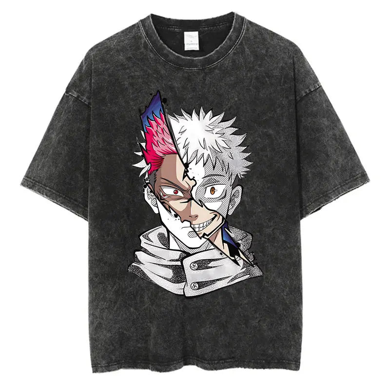 Summer Washed T Shirt Anime Graphic Print Streetwear Vintage Oversized T-Shirt Men Fashion Cotton Top Tee Black Tshirt