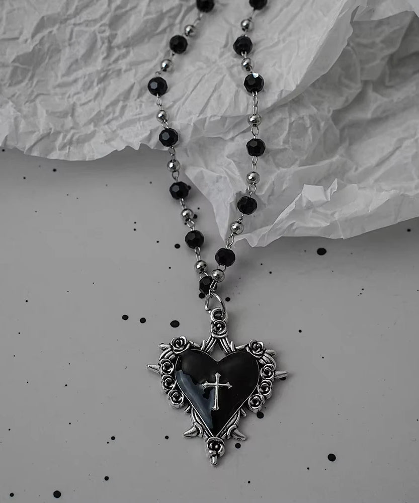 Gothic Bat Cross Dark Pendant Necklace Set Thorn Love Black Bead Stacked Necklace Halloween Gifts