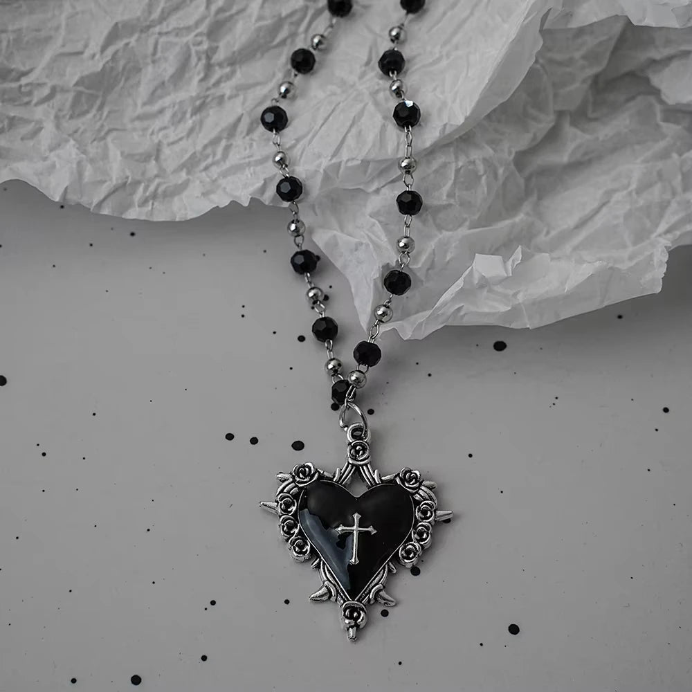 Gothic Bat Cross Dark Pendant Necklace Set Thorn Love Black Bead Stacked Necklace Halloween Gifts