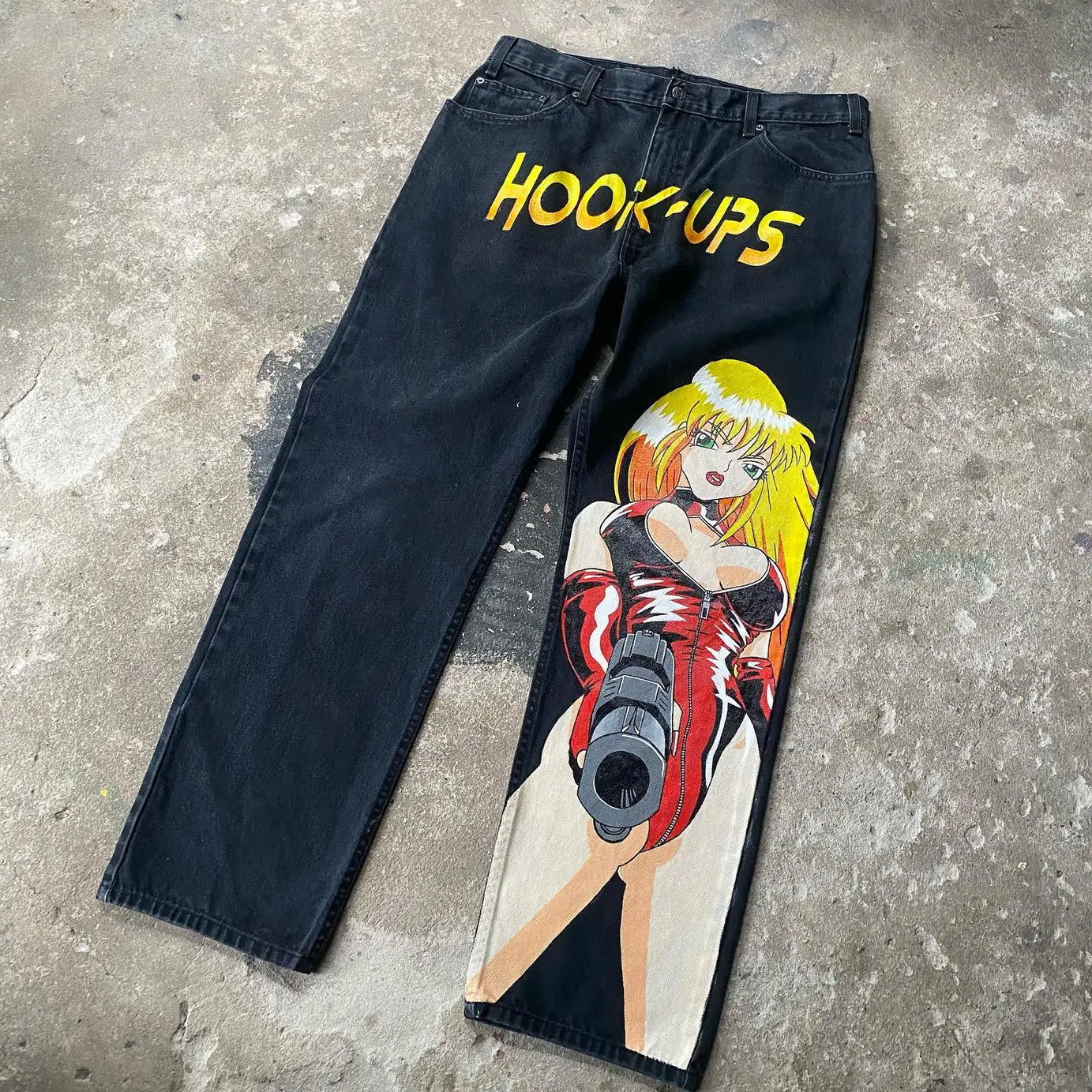 Harajuku Hip Hop Anime Graphic Baggy Jeans Print Jeans Denim Y2k Pants Men Women Gun Girl Goth New High Waist Wide Trousers