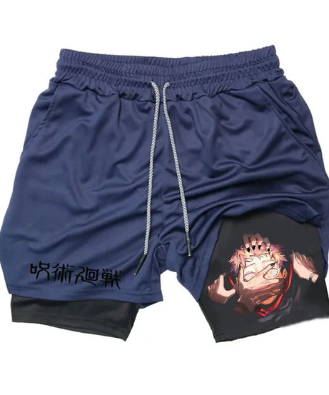 Anime Gym Shorts 2 In 1 Double Layer Men Workout Sports Jogging Sportwear Training Sport Shorts Male Summer Performance Shorts