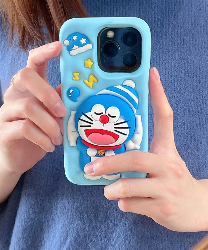 Cute Sleeping Doraemon Silicone Phone Case with Stand – iPhone 12–16 Pro Max