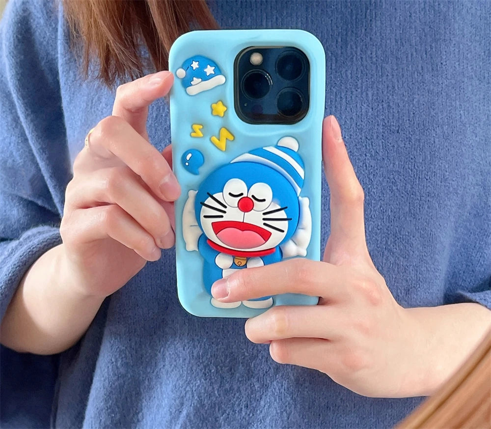 Cute Sleeping Doraemon Silicone Phone Case with Stand – iPhone 12–16 Pro Max