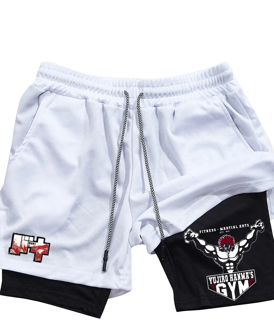 Men's and women's gym shorts, quick drying mesh shorts, animated printed Baki Hanma, sleeves, 2-in-1