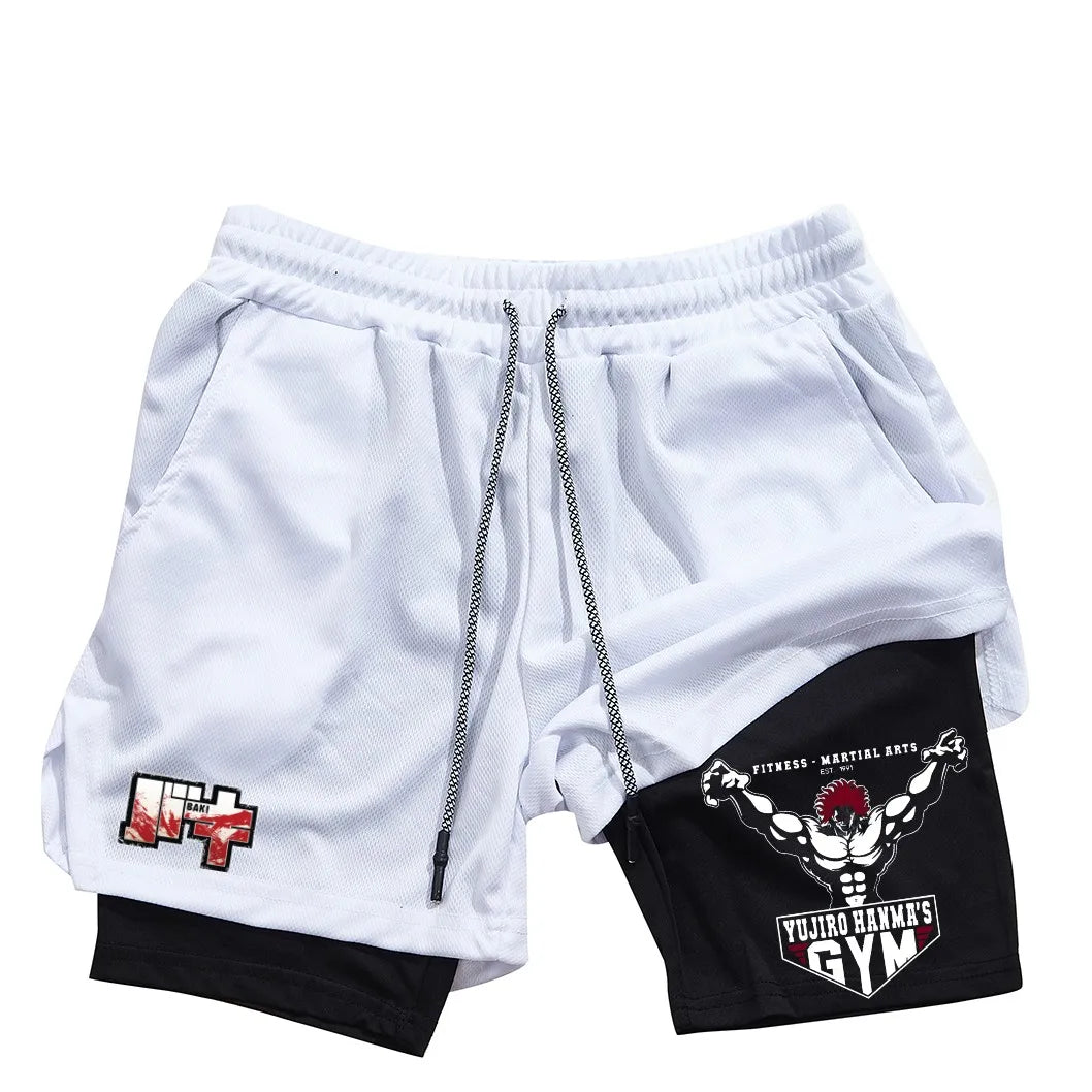 Men's and women's gym shorts, quick drying mesh shorts, animated printed Baki Hanma, sleeves, 2-in-1