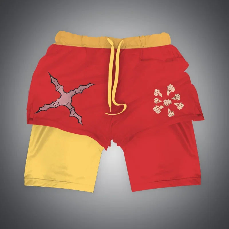 One Piece x Naruto x Dragon Ball 2-in-1 Men’s Gym Shorts – Quick-Dry & Breathable Sportswear