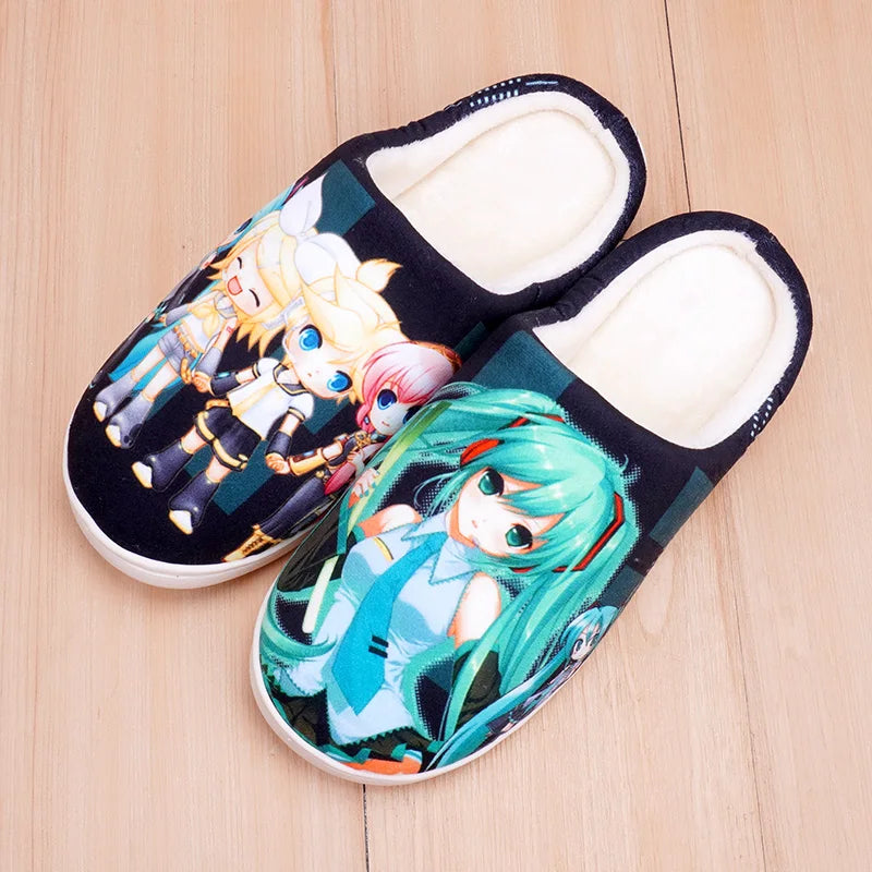Anime One Piece Luffy Chooper Dragon Ball Goku Hatsune Winter Warm Plush Men Women Couple Shoes Home Slipper Stuffed Plush Gift