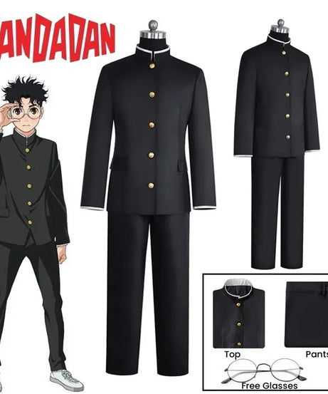 Ken Takakura Cosplay Costume Wig Anime Dandadan Okarun School Uniform Black Jacket Pants Gakuran Glasses Halloween Party Men