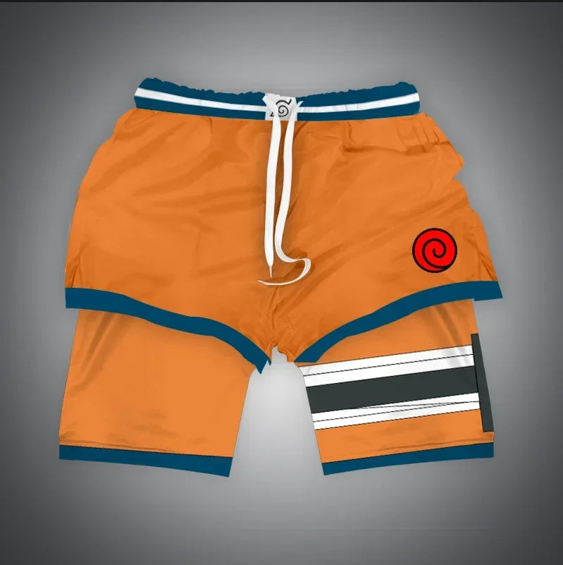 One Piece x Naruto x Dragon Ball 2-in-1 Men’s Gym Shorts – Quick-Dry & Breathable Sportswear