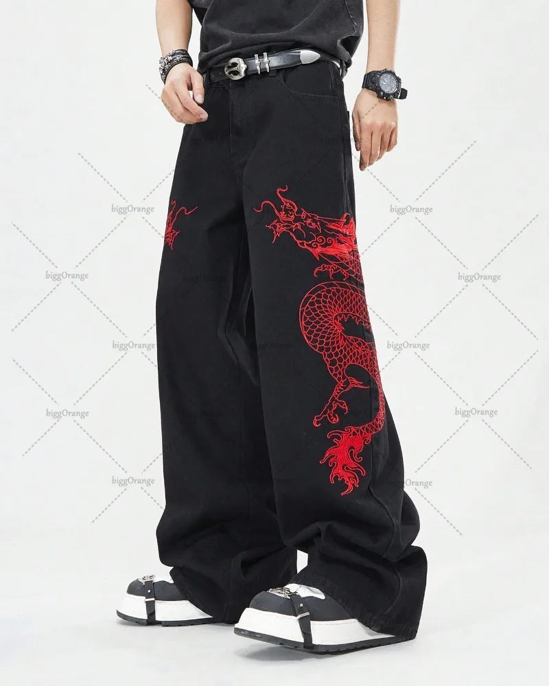 New Retro Oriental Dragon Design Fashionable Loose Jeans Men Street Hip-hop Casual Straight Wide-leg Pants Women