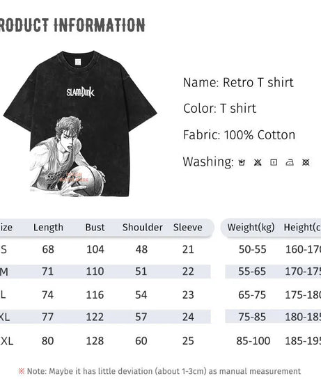 Hanamichi Rukawa Haruko T Shirt Slam Anime Dunk Sendou Vintage Washed Tops Tees Short Sleeve Manga Graphic T-shirt Man Cotton