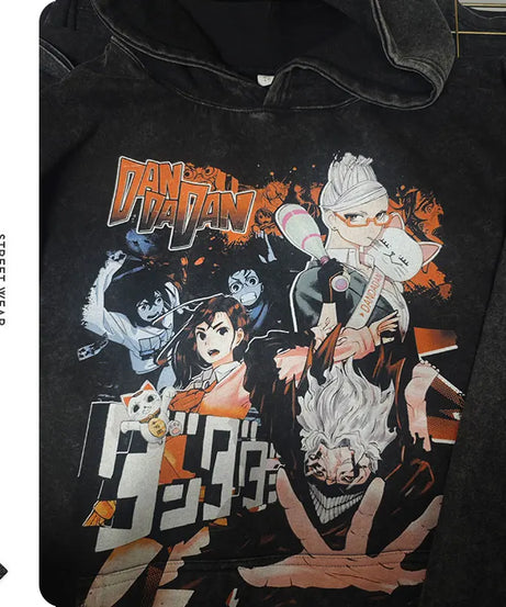 Anime dandadan Hoodies Vintage Washed Dan Da Dan Hooded Sweatshirts Oversize Streetwear Manga Ayase Momo Okarun Hoodie Men Women
