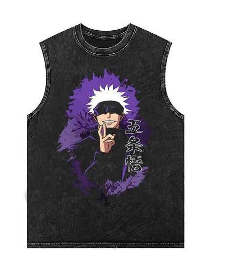 Men's Tank Tops Anime Gojo Jujutsu Man Sleeveless Shirt Summer New Women's Oversized Vintage Washed Vest Gym T Shirt Y2k Clothes
