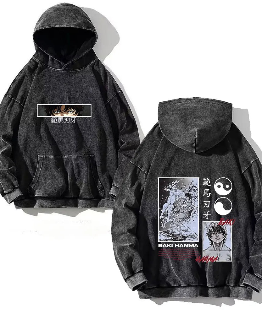 Anime Baki Hanma Print Cotton Washed Hoodies Men Hip Hop Graphic Vintage Hooded Sweatshirts Aesthetic Streetwear Pullover