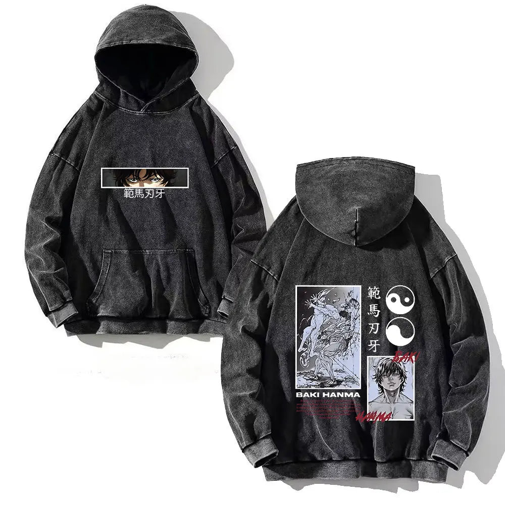 Anime Baki Hanma Print Cotton Washed Hoodies Men Hip Hop Graphic Vintage Hooded Sweatshirts Aesthetic Streetwear Pullover