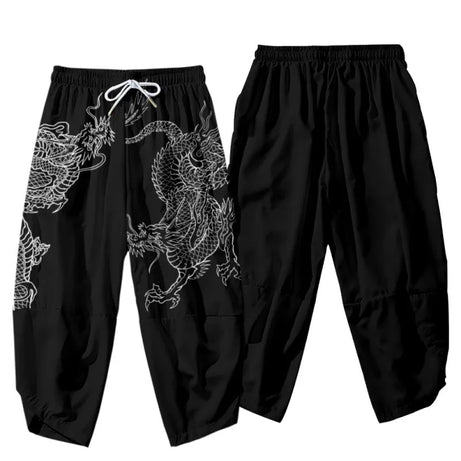 Dragon Printed Black Men Japanese Harem Trousers Casual Elastic Waist Kimono Cropped Pants Streetwear