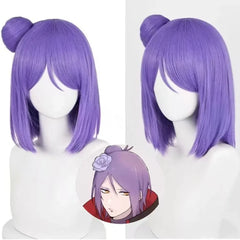 Anime Naruto Konan Cosplay Wig – Short Purple Bob with Side Bun & Flower Hairpiece