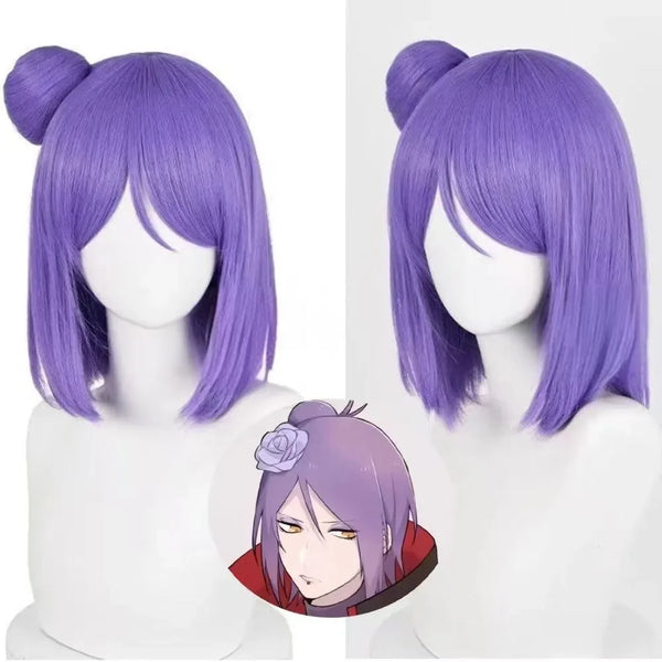 Anime Naruto Konan Cosplay Wig – Short Purple Bob with Side Bun & Flower Hairpiece