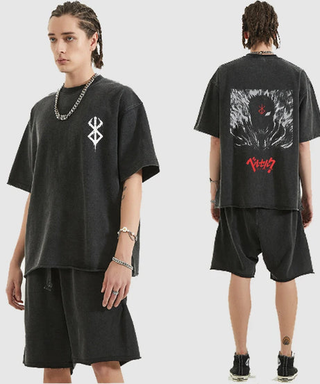 Anime Printed Washed Short-Sleeved Retro Fashion Men's and Women's Short Sleeved Casual Sports Short Sleeved