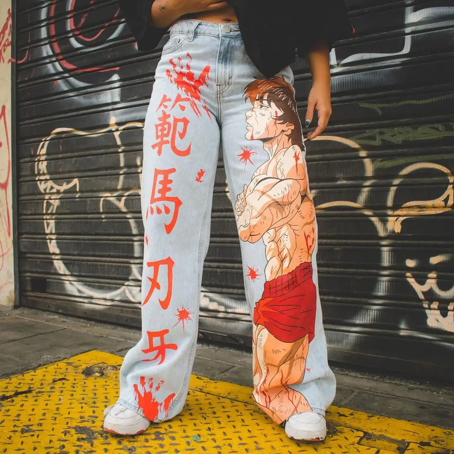 Harajuku Anime Graphic wide leg jeans Streetwear Y2K Jeans Men WomenA new Japanese Style High Waist Jeans Wide Trouser Pants