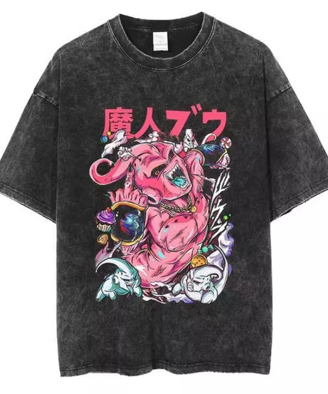 New Hip Hop Streetwear Anime Dragon Ball Printed Growzed T-Shirt Mens Washed Vintage Black Summer Casual Cotton T Shirt Fan Gift