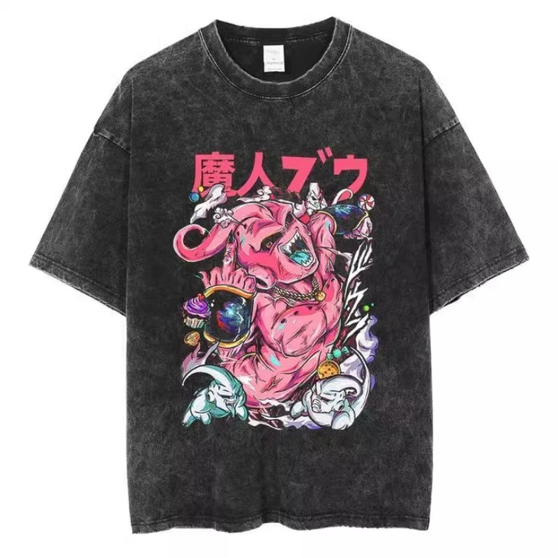 New Hip Hop Streetwear Anime Dragon Ball Printed Growzed T-Shirt Mens Washed Vintage Black Summer Casual Cotton T Shirt Fan Gift