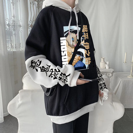 Anime Demon Slayer Hashibira Inosuke Patchwork Winter Hoodie Oversized Sweatshirt