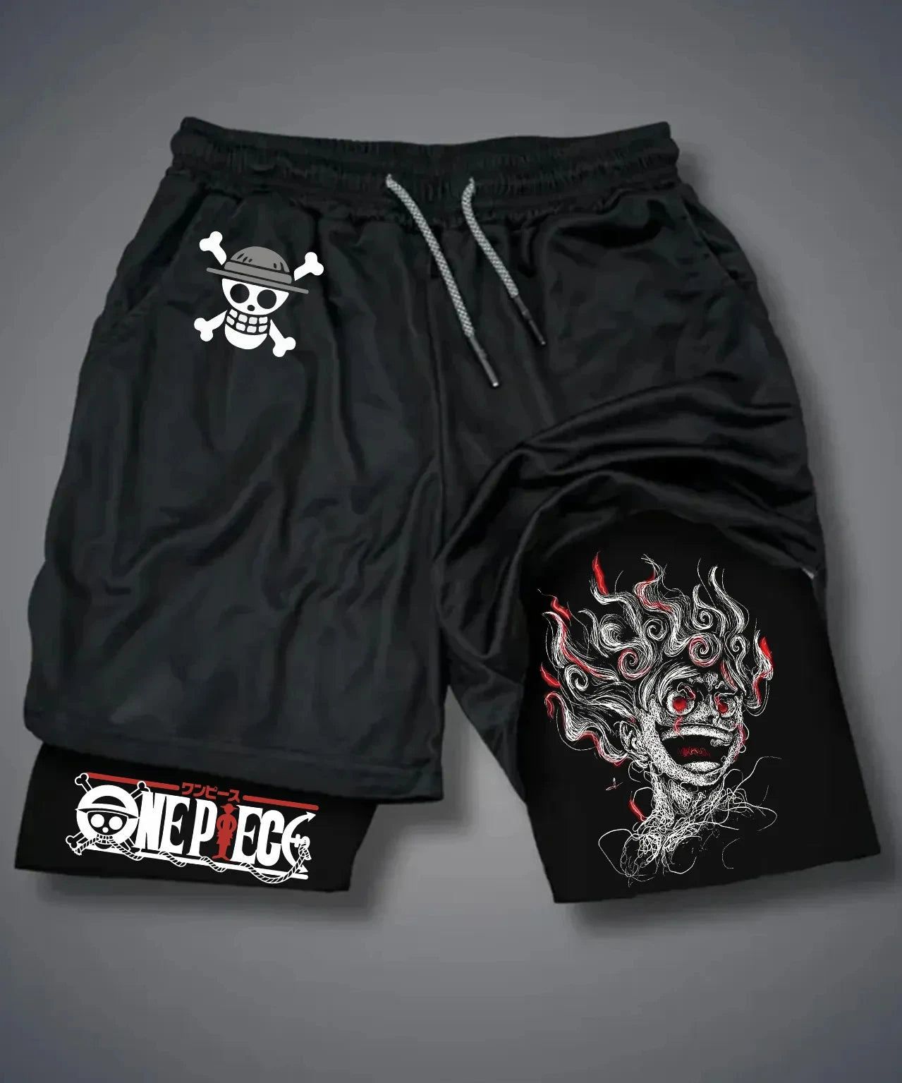 Anime Men's Gym Shorts One Piece Summer Sports Pants Streetwear Breathable Mesh Double-layer 2 in 1 Shorts Sportswear Y2k
