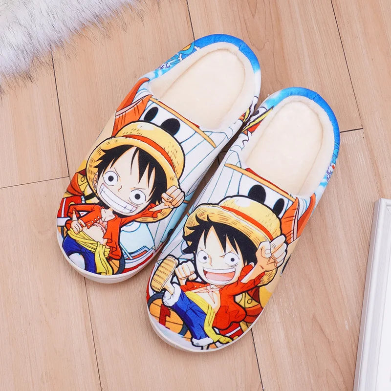 Anime One Piece Luffy Chooper Dragon Ball Goku Hatsune Winter Warm Plush Men Women Couple Shoes Home Slipper Stuffed Plush Gift