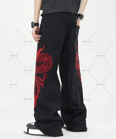 New Retro Oriental Dragon Design Fashionable Loose Jeans Men Street Hip-hop Casual Straight Wide-leg Pants Women