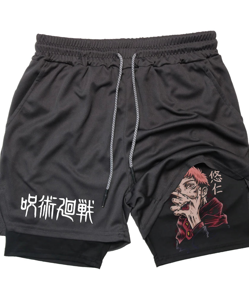 Anime Gym Shorts 2 In 1 Double Layer Men Workout Sports Jogging Sportwear Training Sport Shorts Male Summer Performance Shorts