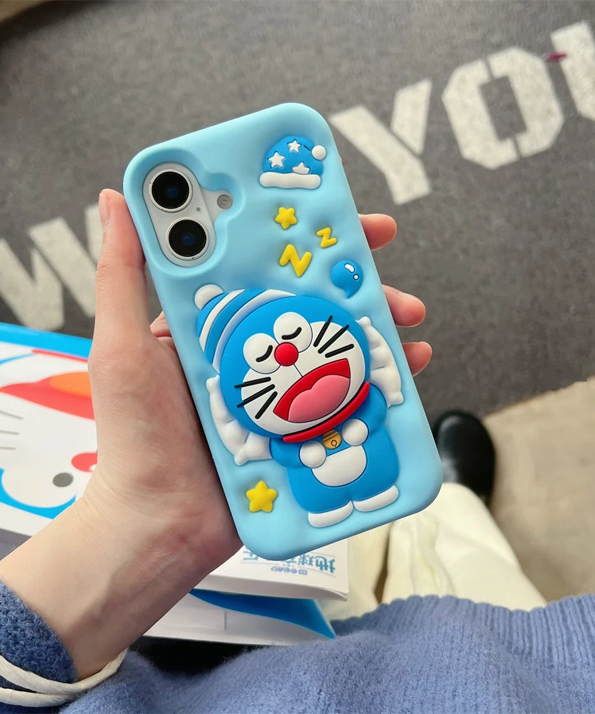 Cute Sleeping Doraemon Silicone Phone Case with Stand – iPhone 12–16 Pro Max