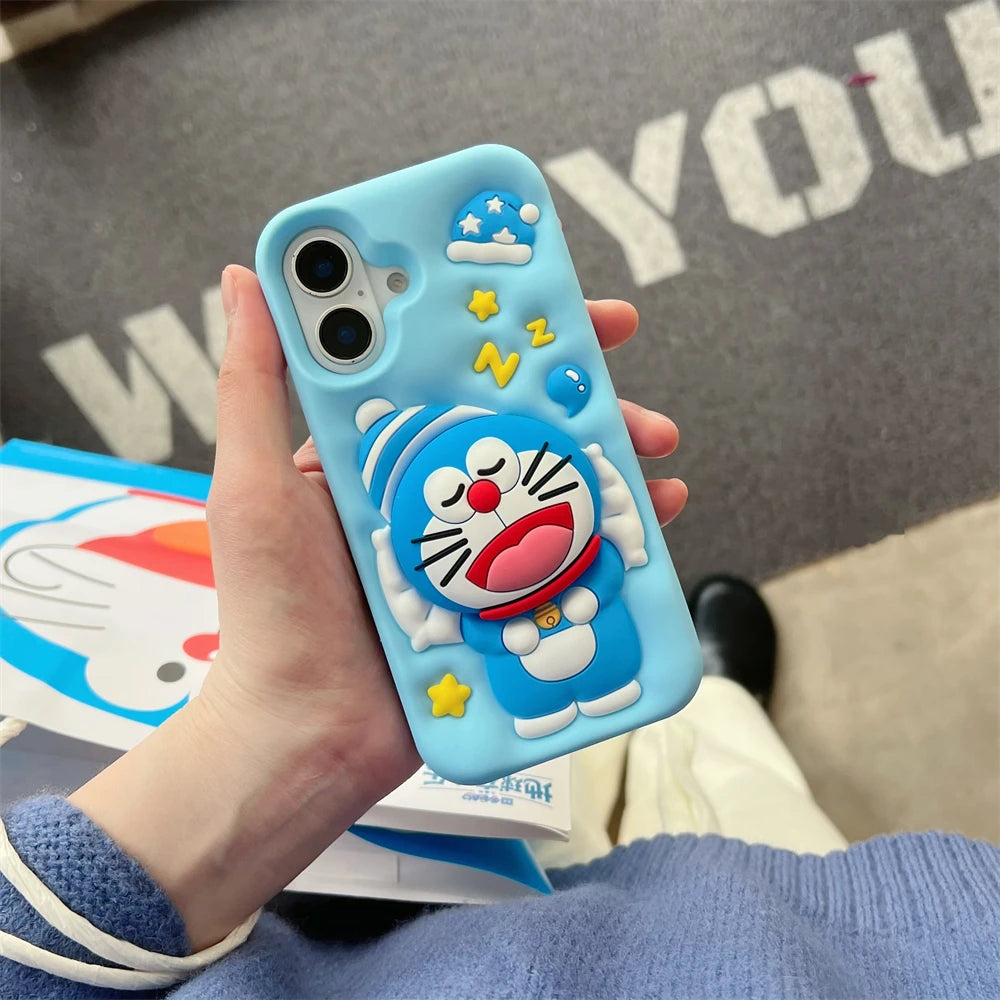 Cute Sleeping Doraemon Silicone Phone Case with Stand – iPhone 12–16 Pro Max