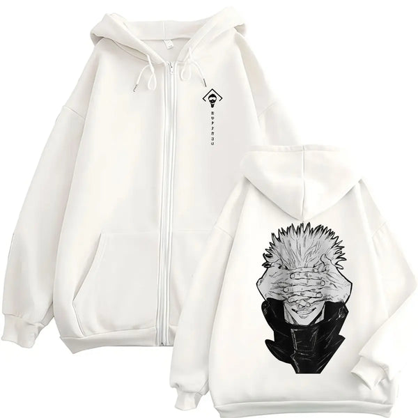 Jujutsu Kaisen Gojo Satoru Anime Zipper Hoodie – Gothic Manga Zip-Up Sweatshirt