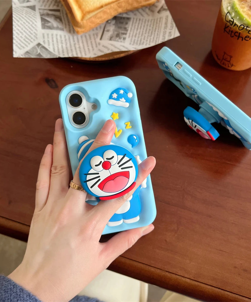 Cute Sleeping Doraemon Silicone Phone Case with Stand – iPhone 12–16 Pro Max