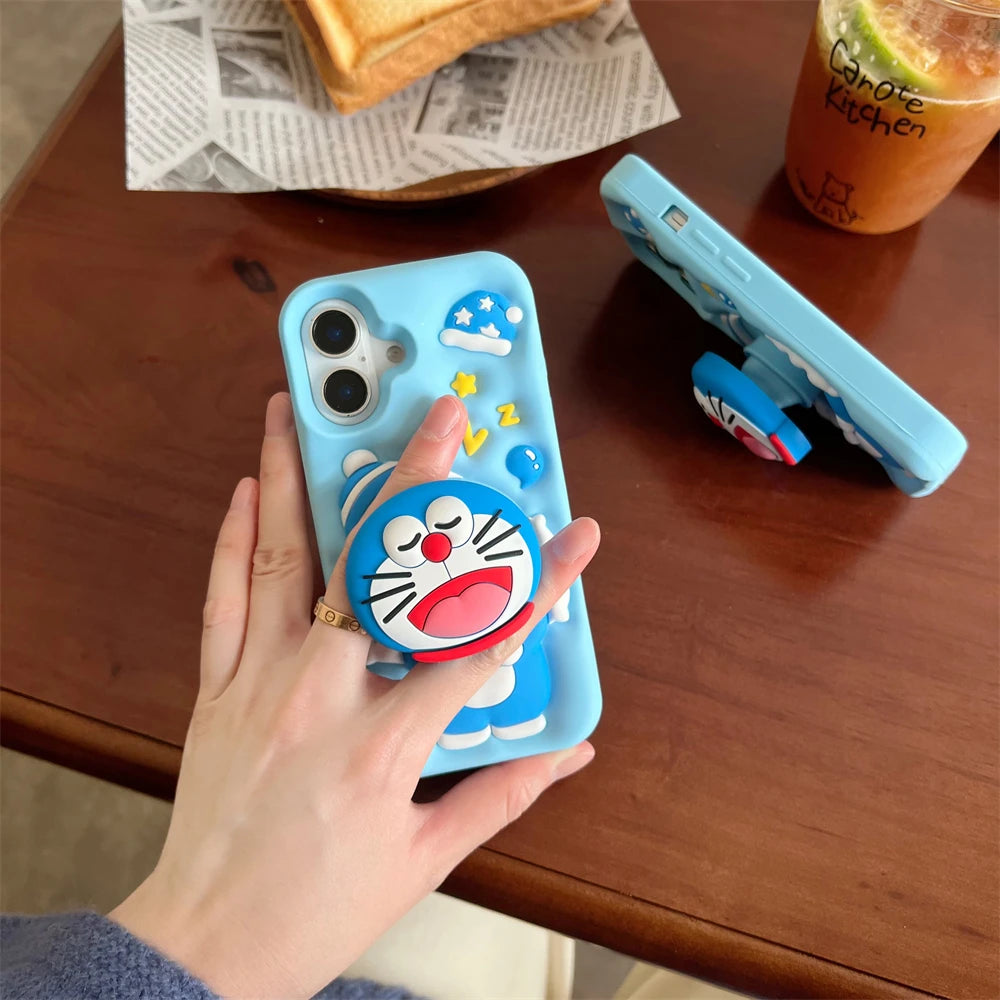 Cute Sleeping Doraemon Silicone Phone Case with Stand – iPhone 12–16 Pro Max