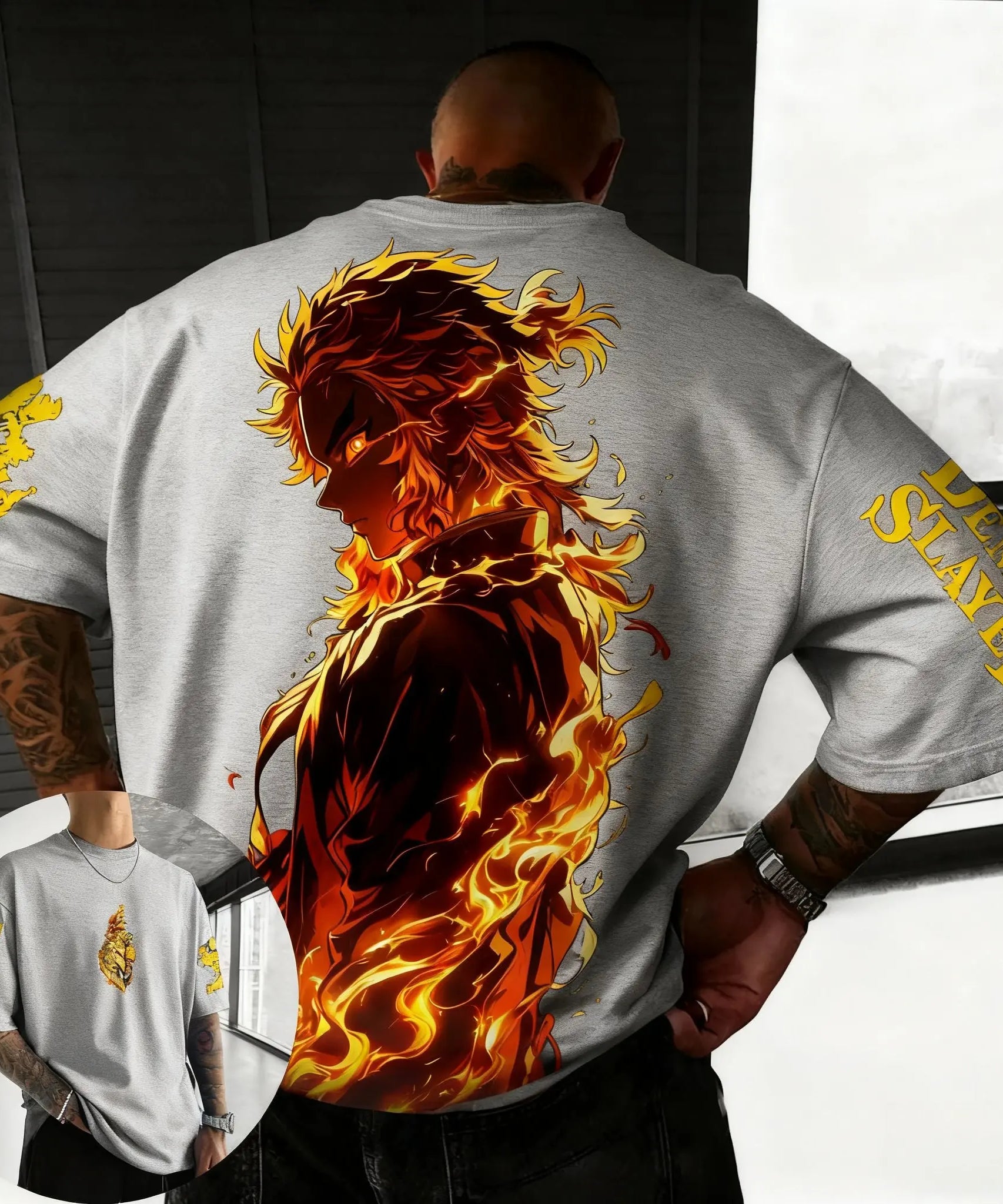 Demon Slayer Men's T-shirt Summer New Rengoku Kyoujurou Anime Print Harajuku Oversized Casual Short Sleeved Tee Top Y2k Clothes