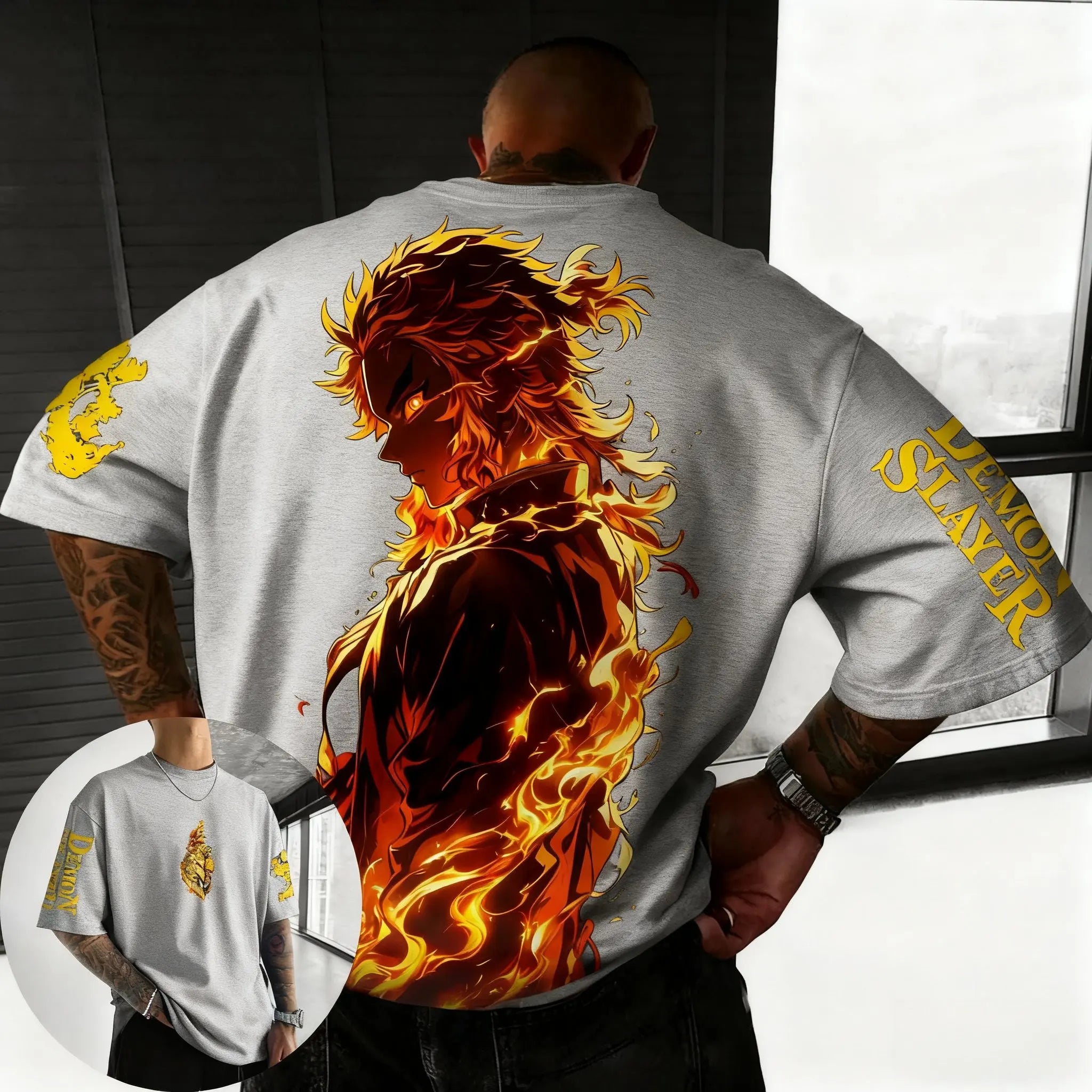 Demon Slayer Men's T-shirt Summer New Rengoku Kyoujurou Anime Print Harajuku Oversized Casual Short Sleeved Tee Top Y2k Clothes