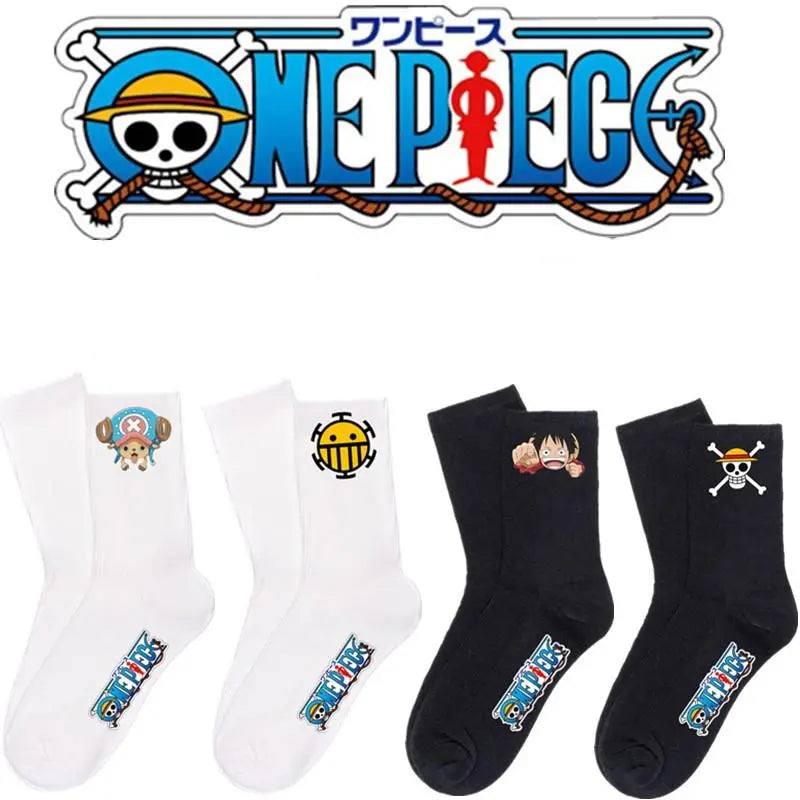 One Piece Luffy Socks Anime Character Cartoon Long Tube Cotton Socks Men and Women Black White Two-Color Printed Knitted Socks