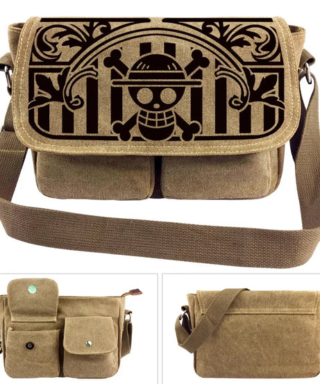 One Piece Canvas Shoulder Bag - Luffy & Law Logo Sling Bag, Unisex Student Backpack for Casual Daily Use & Anime Fans