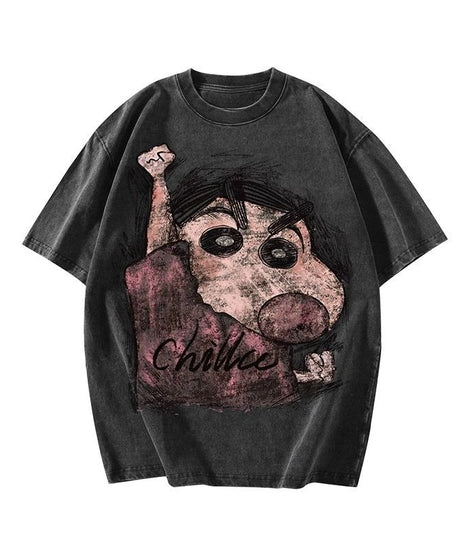 Retro Hand-drawn Shin-chan Short-Sleeved Tees American T-Shirt Oversized Washed Cotton Aged Loose Fit Casual Tops for Men Women