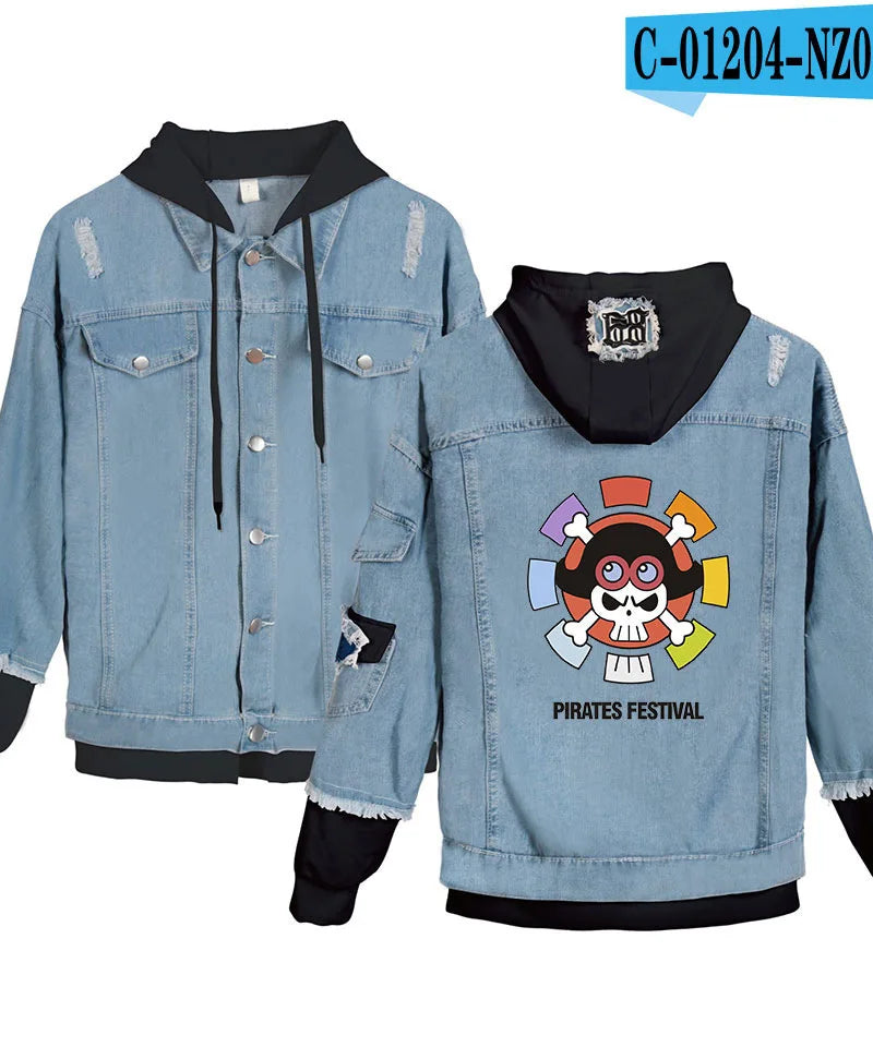 ONE PIECE Anime Chooper Denim Bomber Jacket Hooded Sweatshirt Unisex Ripped Hole Cosplay Hoodie Long-Sleeved Denim Jacket Gift