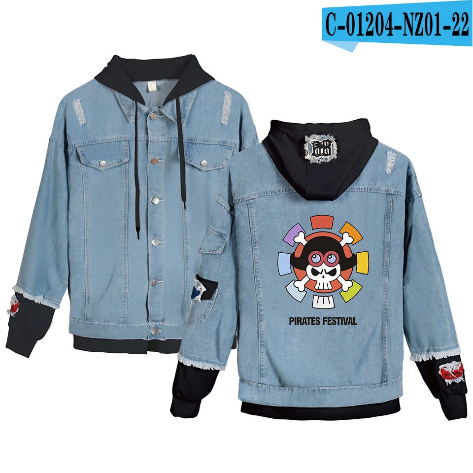 ONE PIECE Anime Chooper Denim Bomber Jacket Hooded Sweatshirt Unisex Ripped Hole Cosplay Hoodie Long-Sleeved Denim Jacket Gift