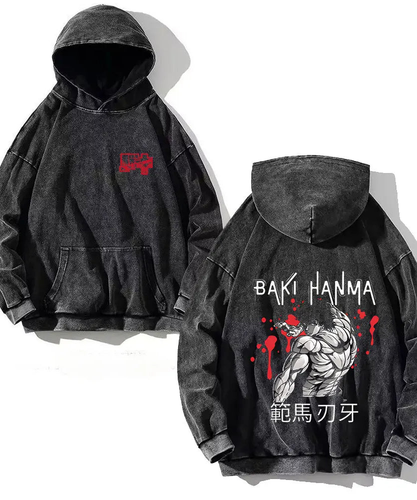 Anime Baki Hanma Print Cotton Washed Hoodies Men Hip Hop Graphic Vintage Hooded Sweatshirts Aesthetic Streetwear Pullover