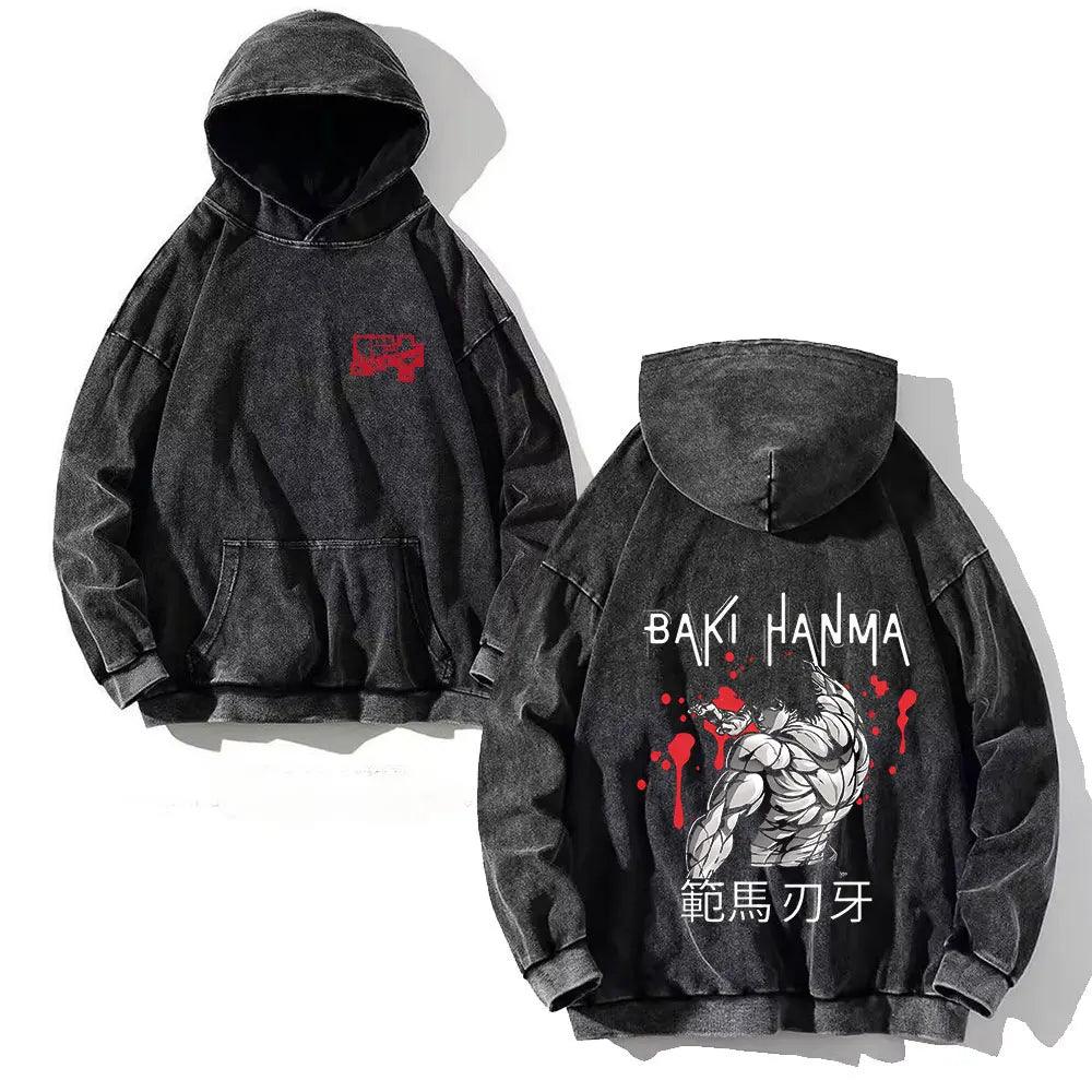 Anime Baki Hanma Print Cotton Washed Hoodies Men Hip Hop Graphic Vintage Hooded Sweatshirts Aesthetic Streetwear Pullover